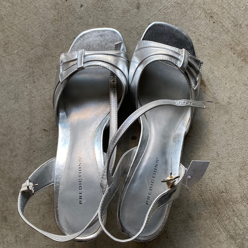 Silver open toed 1.5” heels, new with tags